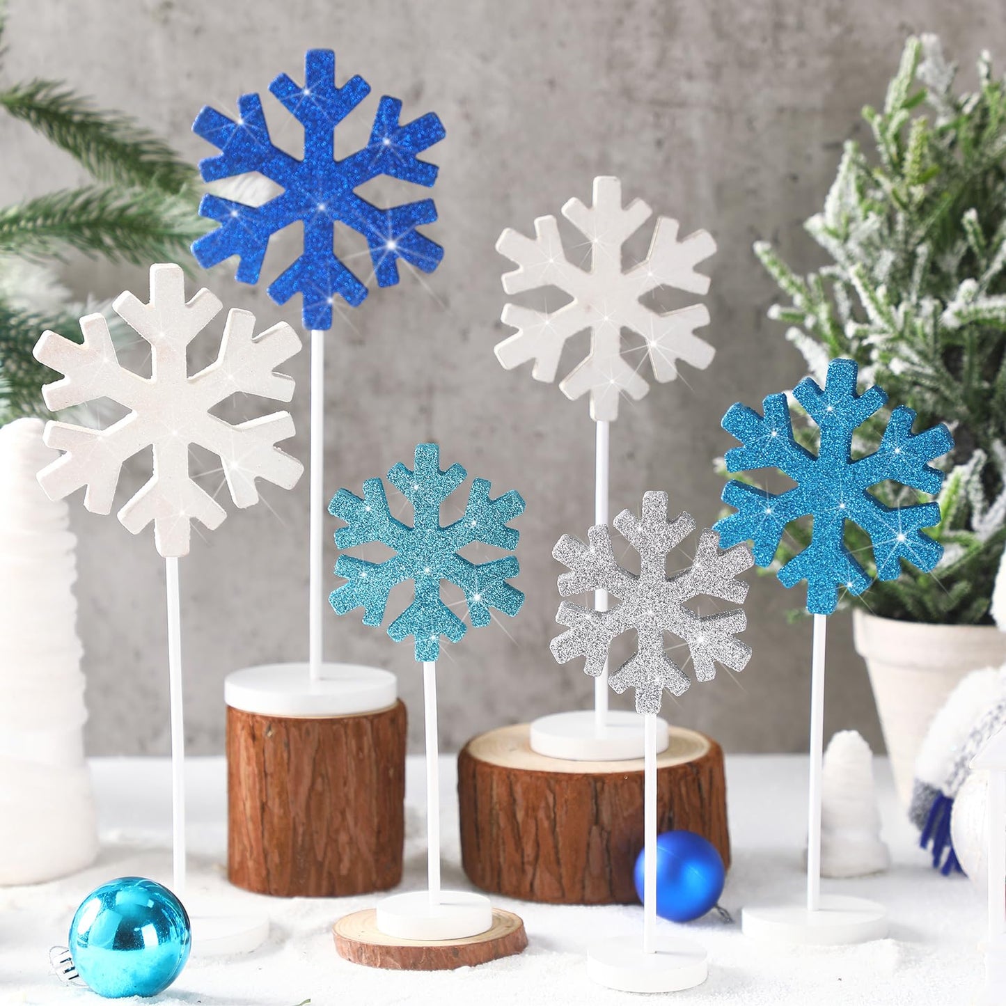 Purpeak 6 Pcs Winter Snowflake Table Decorations Tall Standing Snowflake Wood Block Sign Winter Wooden Snowflakes Standing Table Sign Blue Snowflakes Tabletop Decor for Xmas Winters Party Decoration