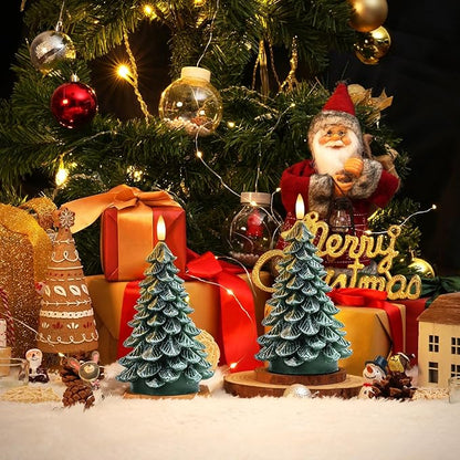Homemory Christmas Tree Candles with 6 Hours Timer, 2 Pcs Waxy LED Flameless Candles Flickering, Green Electric Candles Battery Operated for New Year Celebration Holiday Decorations 8.5 Inches