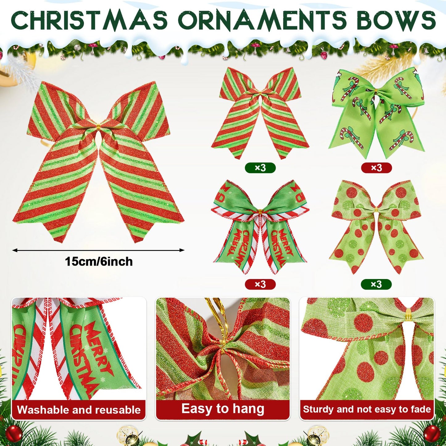 24 Pcs Red Green Christmas Tree Ornaments Set Large Wreath Bows and Red Green Glittering Christmas Ball Ornaments Swirl Candy Cane Peppermint Elf Hanging Decorations for Xmas Holiday Party Home Decor