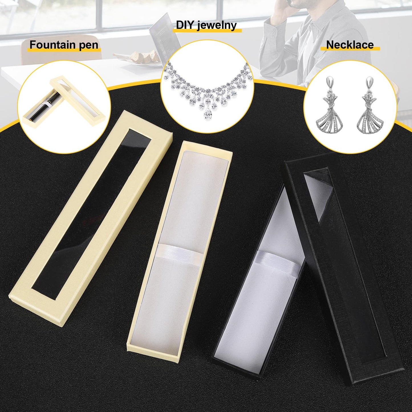BUWUSMU 42 Pcs Empty Pen Gift Box, Pen Case with Cushion, Clear Lid Cardboard Box, Display Case for Gift, Office Supplies, Birthday Souvenir, Presentation, Jewelry, Christmas (Black, White)