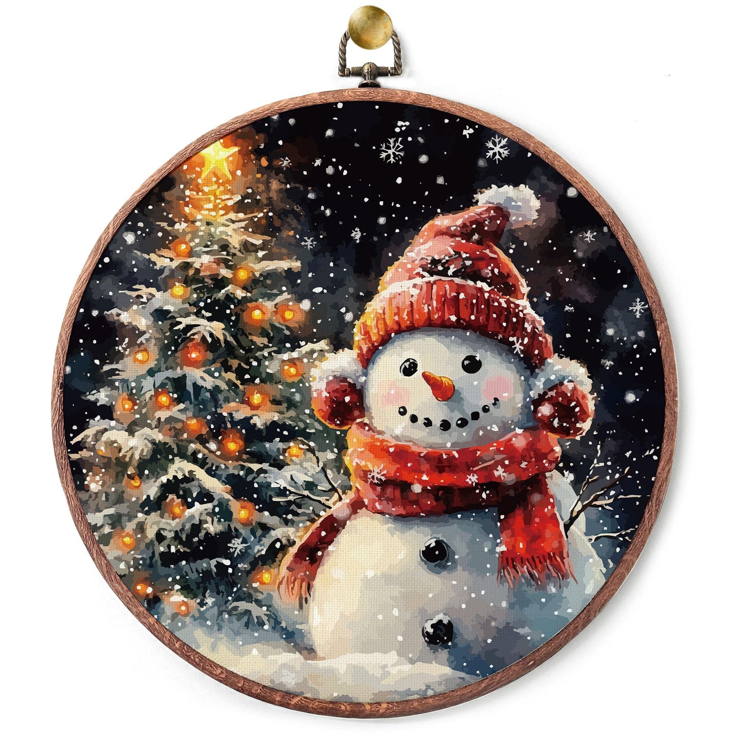 heiyihe Round Christmas Trees Snowman Hanging Canvas Artwork, 10x10 Inches Round Christmas Canvas Frame Wall Art Decor, Embroidery Kit Decor for Home Living Room, Gift Ideas for Family Friends-A09