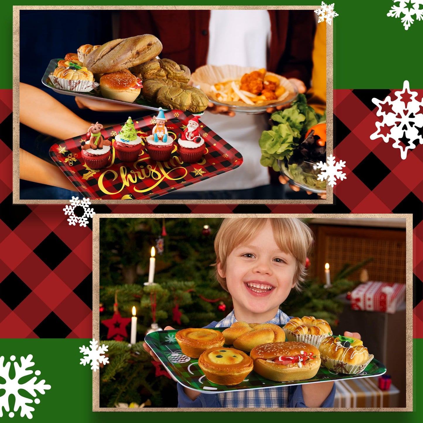 Rtteri 3 Pcs 13 x 10 Inch Christmas Serving Trays Red and Green Plaid Plastic Xmas Serving Platters Dishes Reusable Christmas Decorations for Holiday Party Sharing Snack Fruit Dessert Candy