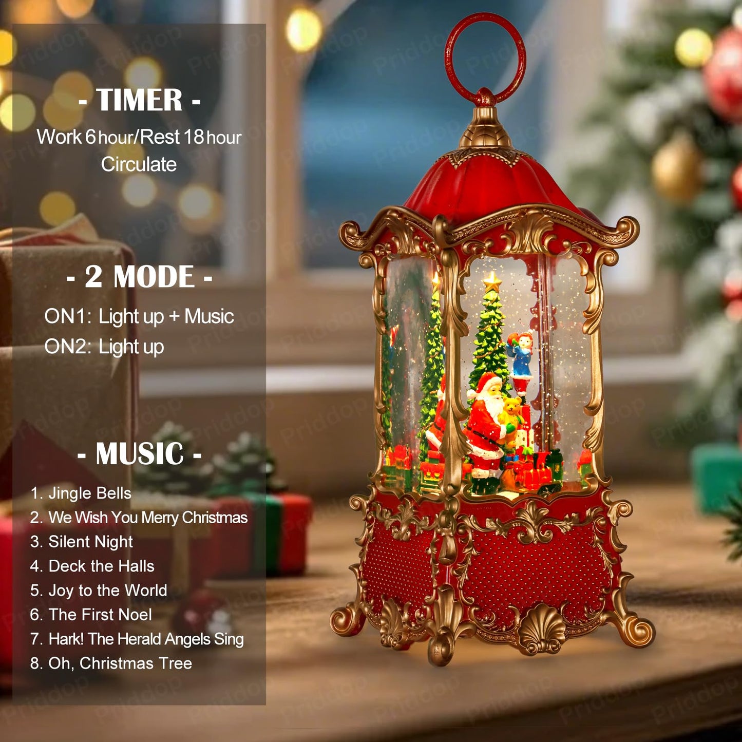 Priddop Santa Snow Globe Christmas Decorations Indoor Christmas Tree Gifts for Child Classic Relief Texture Musical Glitter Snowfall USB/Battery Timer Lantern 12.5 inch