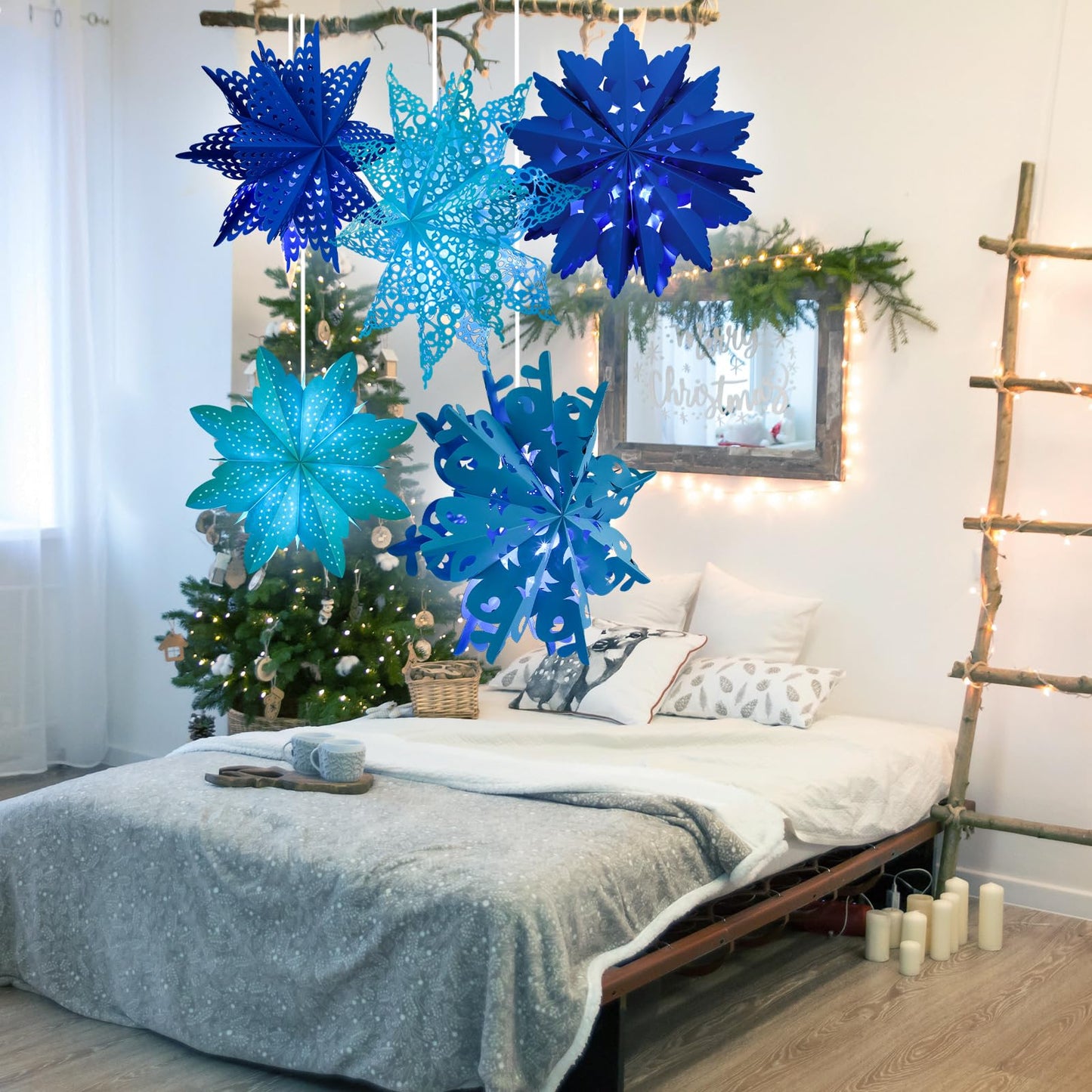 Mudder 5 Pieces Large Christmas Snowflake Paper Lantern with 7 Light 23.6/17.7 Inch Star Paper 3D Hanging Lantern Lamp Party Decoration for Weddings Holiday Xmas Trees(Fresh Style,Blue)