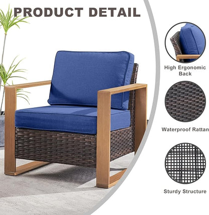 Rilyson 3 Piece Wicker Patio Furniture Set,Patio Bistro Set with 2 Rattan Armrest Chairs and 1 Side Table,Sturdy Frame,All-Weather PE Wicker,Wide Armrest,Deep Seating and Thick Cushions(Brown/Blue)