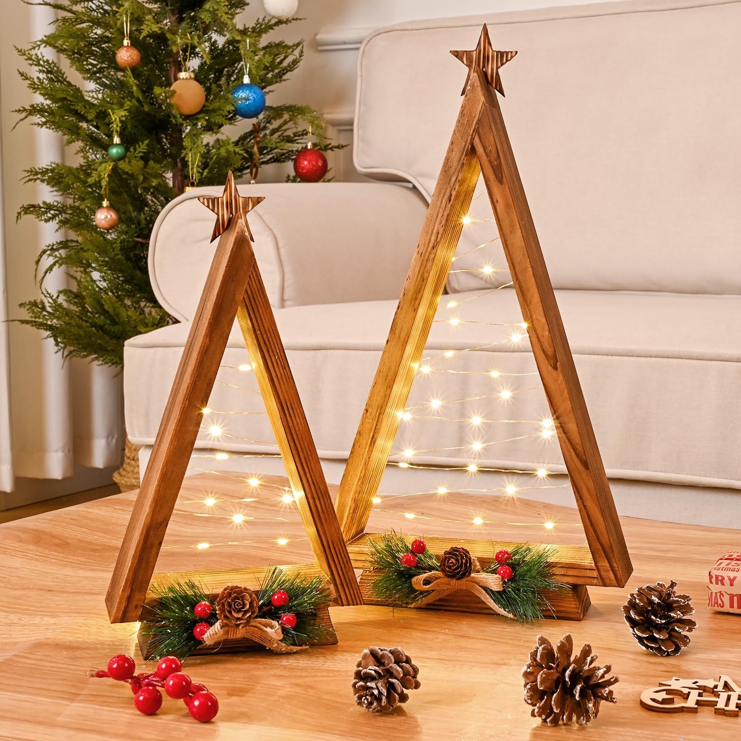 NatuBeau 2 Pcs Triangle Tabletop Wooden Christmas Tree with Lights, Modern Farmhouse Rustic Christmas Decor, Small Lighted Xmas Tree for Kitchen Mantle Shelf Living Room(14.2" Large / 11" Small)