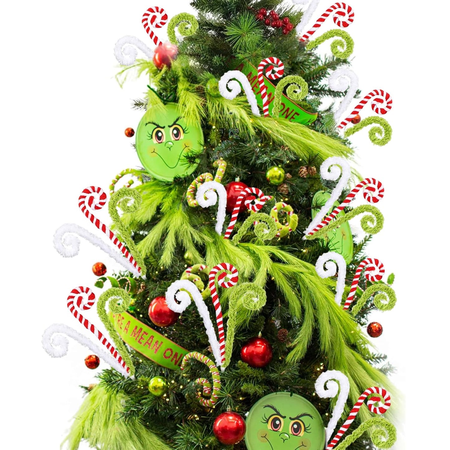 Christmas Tree Picks 6 Pcs Candy Cane Christmas Decorations 16" Xmas Tree Topper Elf Pick Red Green and White Woolen Curly Lollipop Pick Large Ornaments for Xmas Tree Filler, Wreath, Vase Home Decor