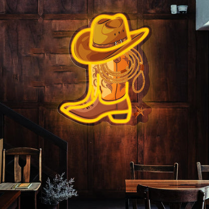 Cowboy Boot with Hat Lasso Neon Signs for Wall Decor, Led Pink Cowgirl Boot Neon Sign, Aesthetic Western Wall Art, Cowboy LED Sign for Room Bedroom Party Bar Decor Birthday Christmas Gifts (Golden)