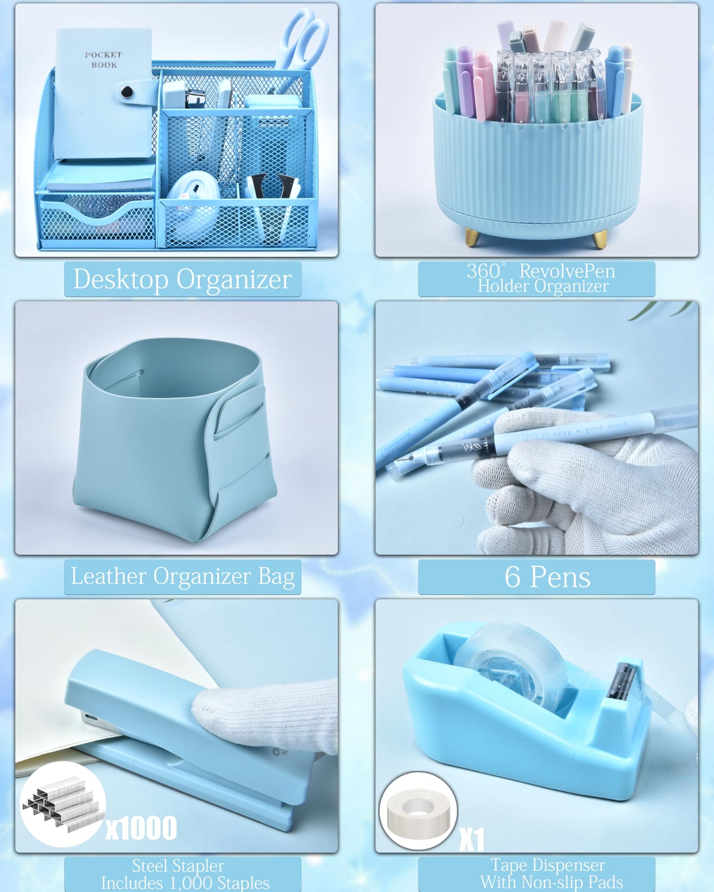 LXEVIHK 20Pcs Blue Desk Organizers and Accessories With Mesh Desk Organizer and 360°Rotating Pen Holder and a Lot of Office Blue Office Supplies Beautifully Presented in a Gift Box