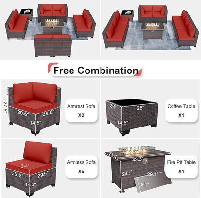 Kurapika 10 Pieces Patio Furniture Set, Rattan Wicker Outdoor Conversation Sets w/43in Propane Fire Pit Table and 4 Inch Cushion(Red)