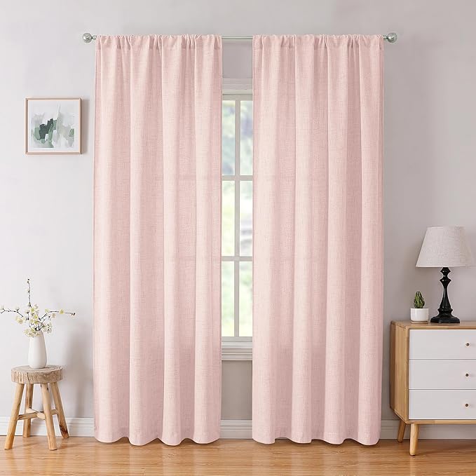 Tollpiz Linen Curtain Living Room Rod Pocket Semi Sheer Curtains Burlap Light Filtering Thick Linen Drape for Bedroom, 54 x 72 inches Long, Pink, Set of 2 Panels