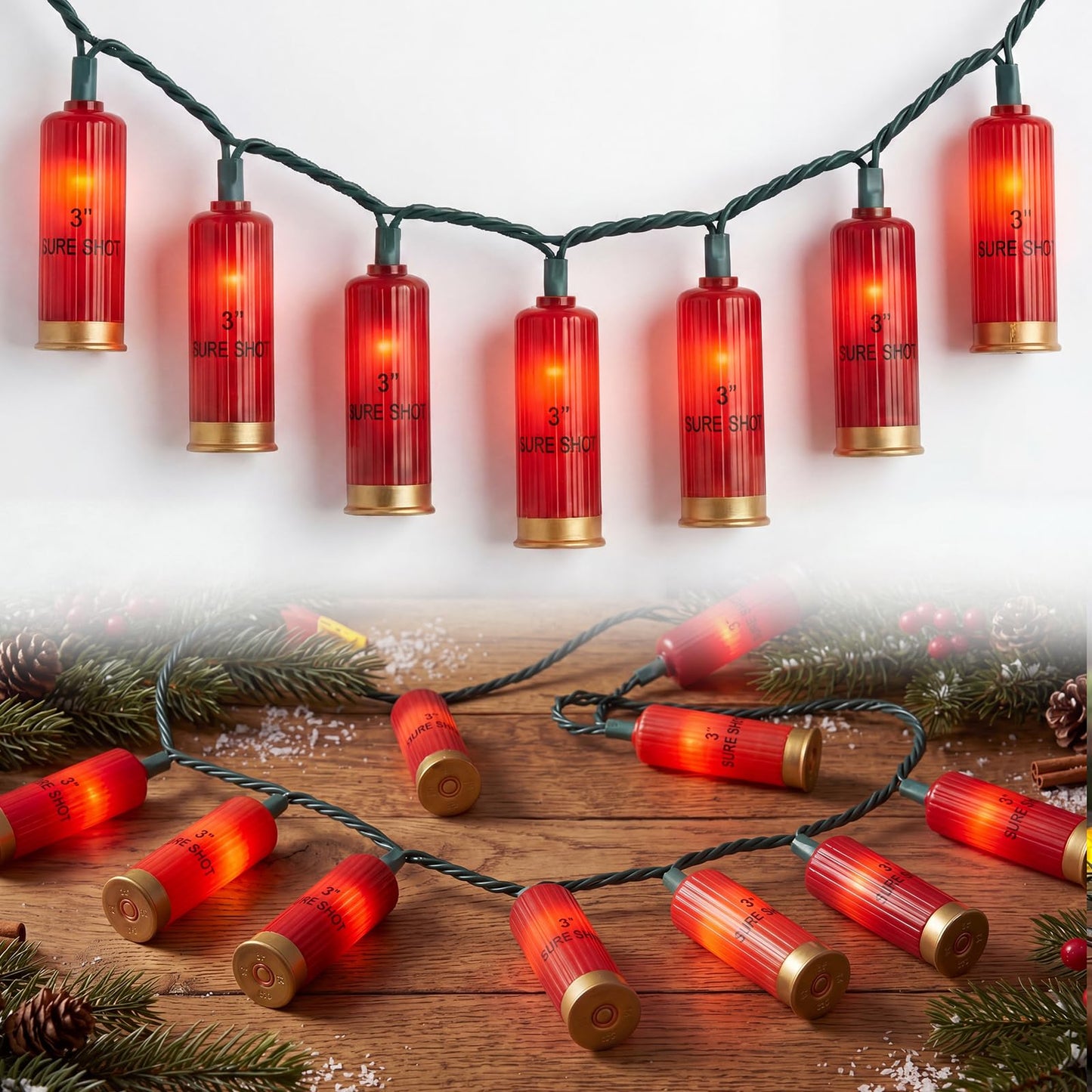 8.5Ft Red Shotgun Shell Christmas String Lights with 10 LED Bullet Shell Lights, Connectable Outdoor Military Style Bullet Light String for Christmas Garden Patio Party Tent Bar Decorations, Green
