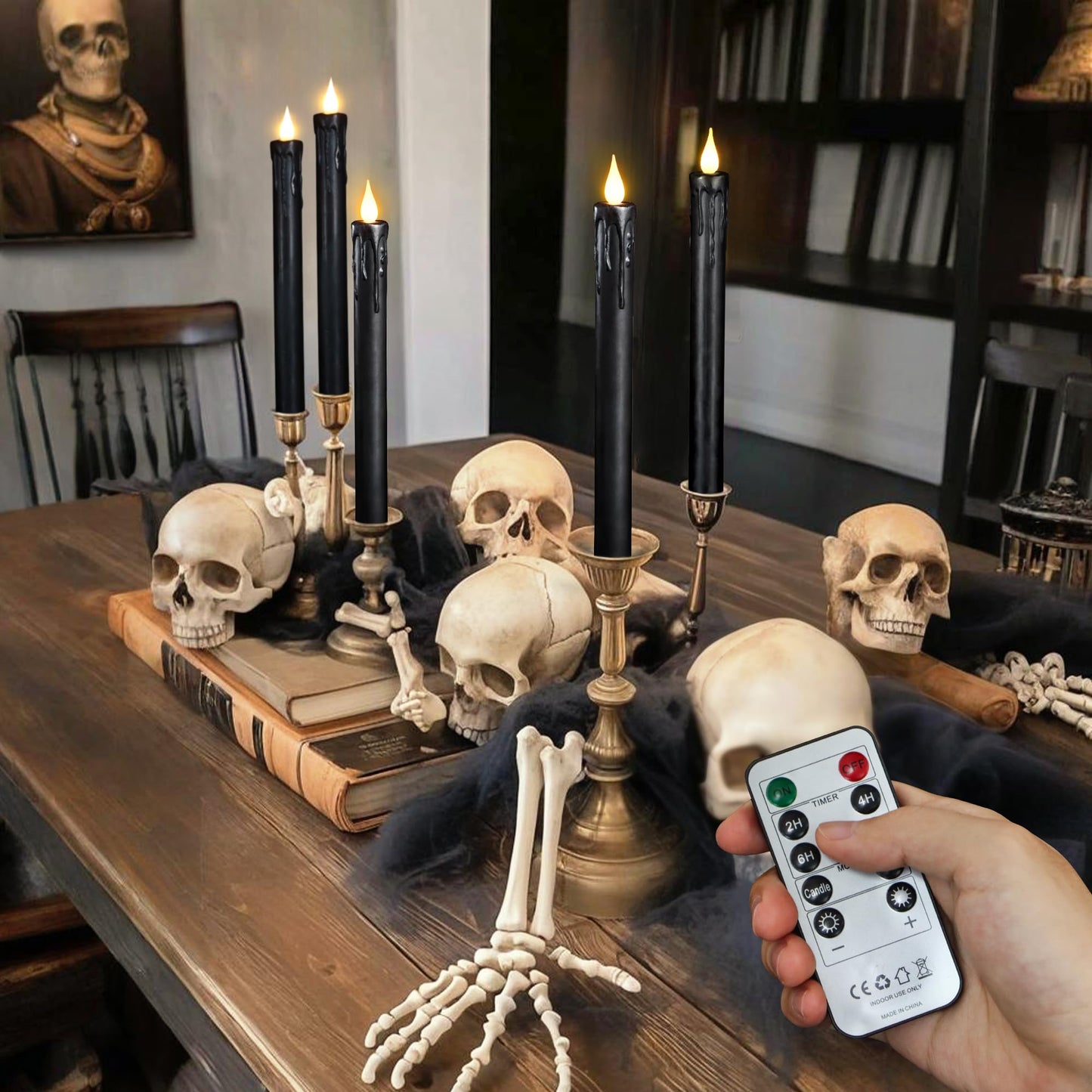 yunsheng 6Pcs Black Flameless Taper Candles with Remote Timer, 9.5 Inches Real Wax Battery Operated LED Candles, 3D Wick Warm White Flickeing Candle for Halloween Party Home Decor