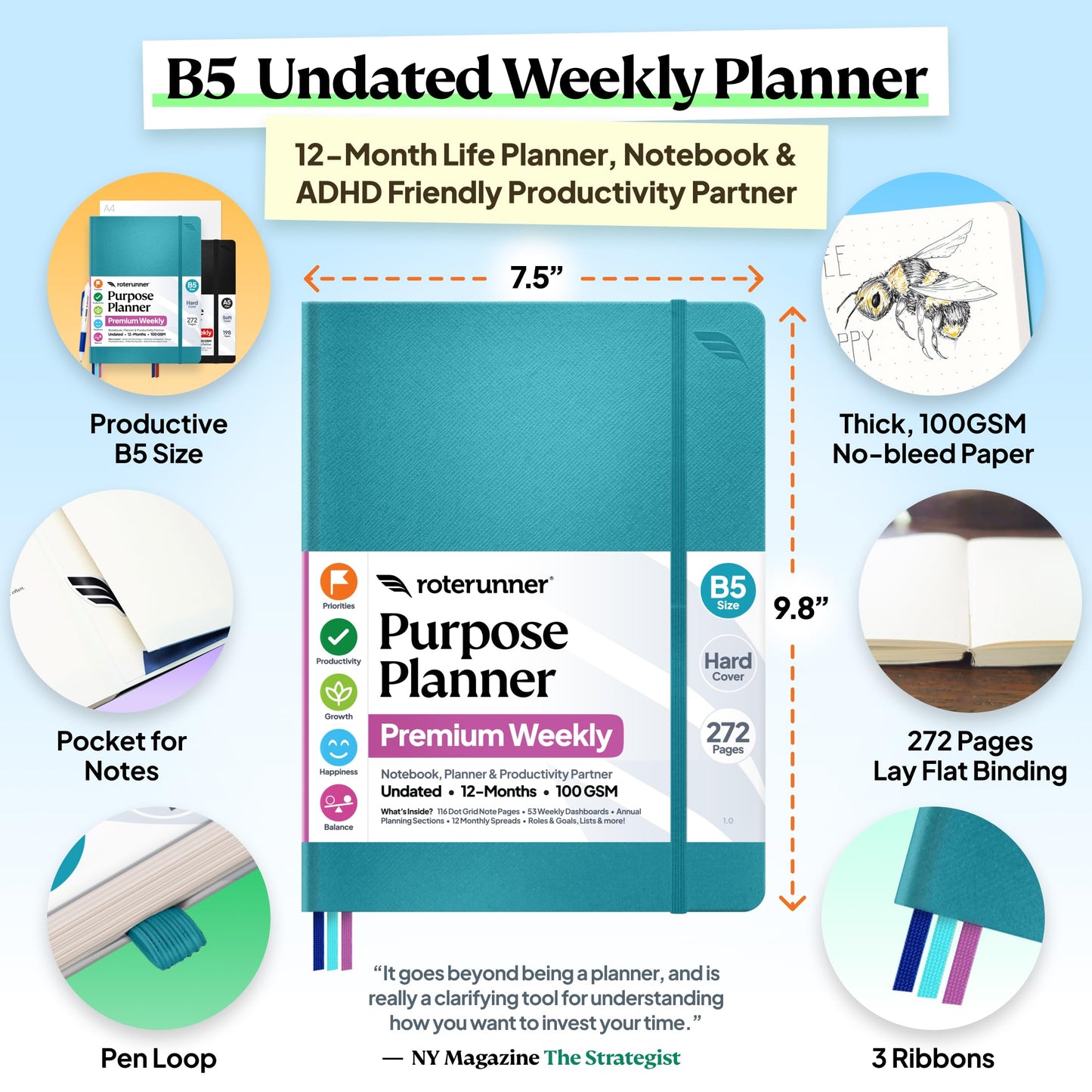 Roterunner Purpose Planner Notebook B5 7.5”x9.8” 12 Month Undated 2026 Daily Weekly and Monthly Productivity Goal Setting Tool for Work Home ADHD Planner for Adults Self Care Journa (Teal)