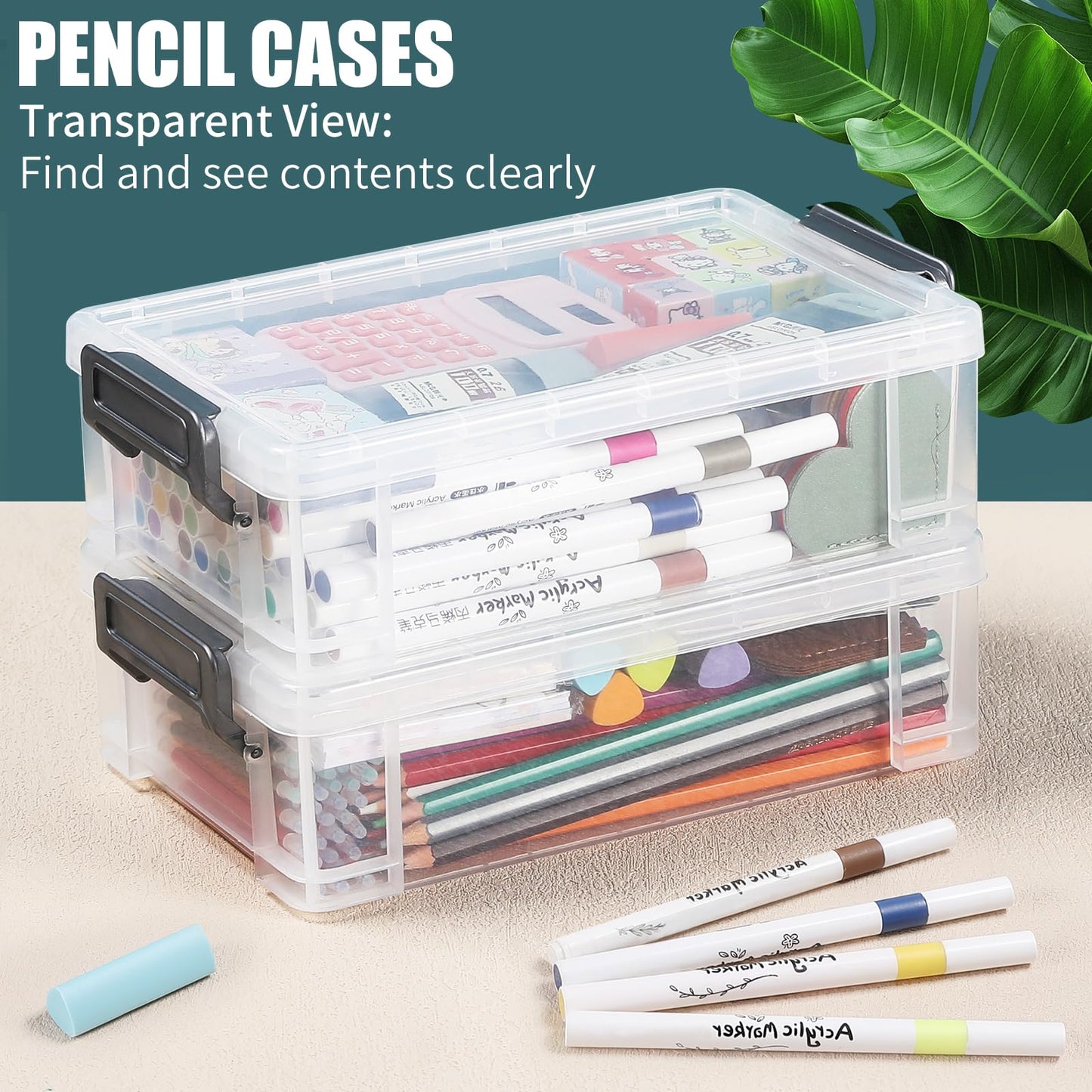 Catsayer 6Pcs Large Plastic Pencil Box Case Boxes Clear Marker Stackable Craft Organizers and Storage Organizer Containers with Lid for Art Pencils Teacher Supplies, Grey