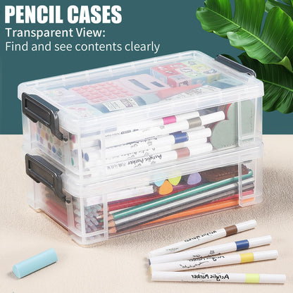 Catsayer 6Pcs Large Plastic Pencil Box Case Boxes Clear Marker Stackable Craft Organizers and Storage Organizer Containers with Lid for Art Pencils Teacher Supplies, Grey
