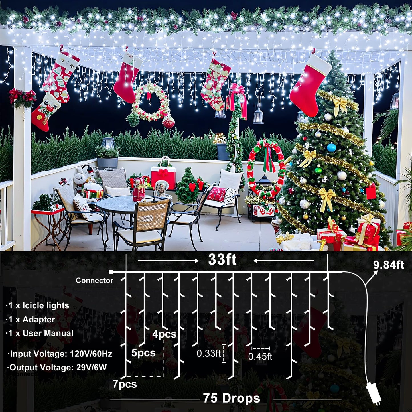 Icicle lights Outdoor - 33ft Christmas Lights with 400LED 75 Drops 8 Modes, Plug in Curtain String Lights Waterproof for Holiday Wedding Party Home Garden Bedroom Indoor Outdoor Decoration, Cool White