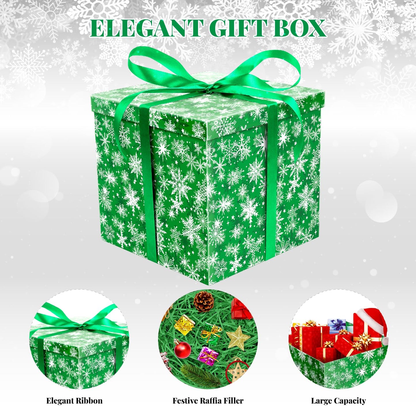 ysmile Christmas Gift Box with Lid Ribbon Paper Filler for Kid Adult Present Square Holiday Xmas Gift Wrapping 11.8 Large - Snowflake Green
