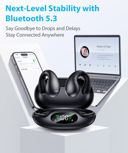 Boytond Ultra Open Ear Earbuds - Ergonomic Clip-On Earbuds, Bone Conduction Over-The-Ear Headphones with Waterproof Design and Secure Fit for Small Ears, Midnight Black