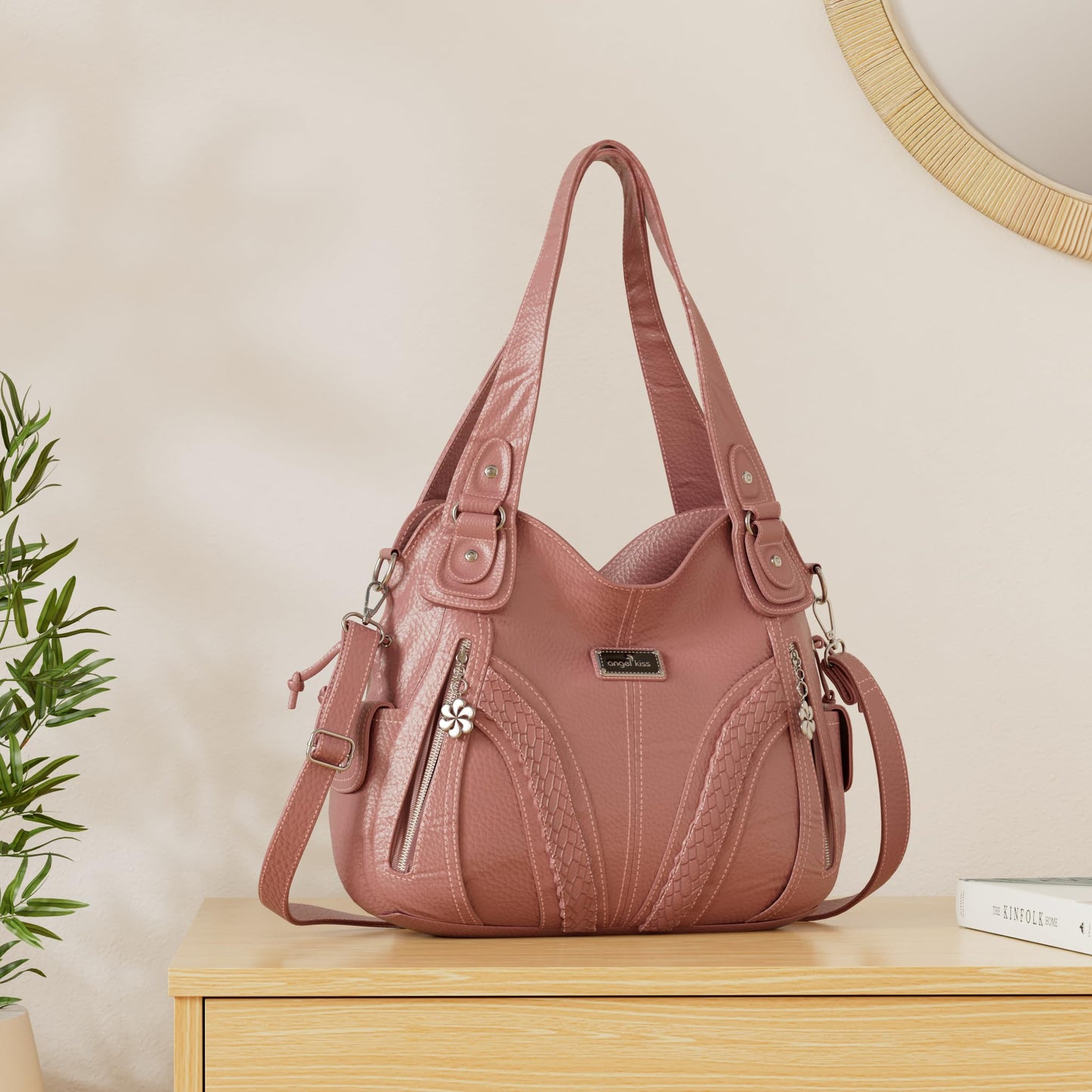 Purses and Handbags Women Fashion Tote Bag Shoulder Bags Top Handle Satchel Purses Washed Synthetic Leather Handbag… 1-1#d.pink 13.8 * 4.7 * 11.8 inches