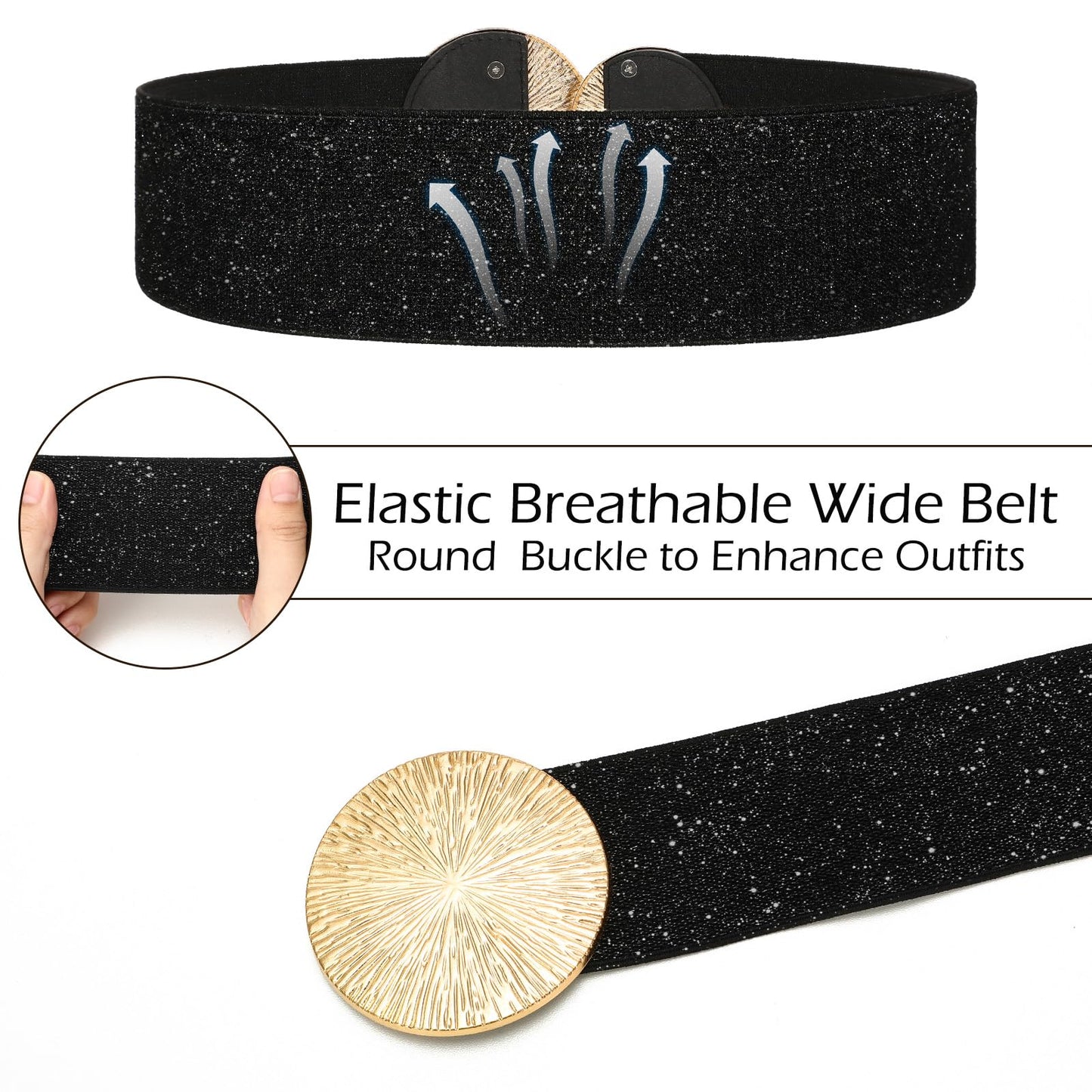 VONMELLI Wide Stretchy Belts for Women Dresses Elastic Waist Cinch Black Womens Belt with Gold Buckle, S