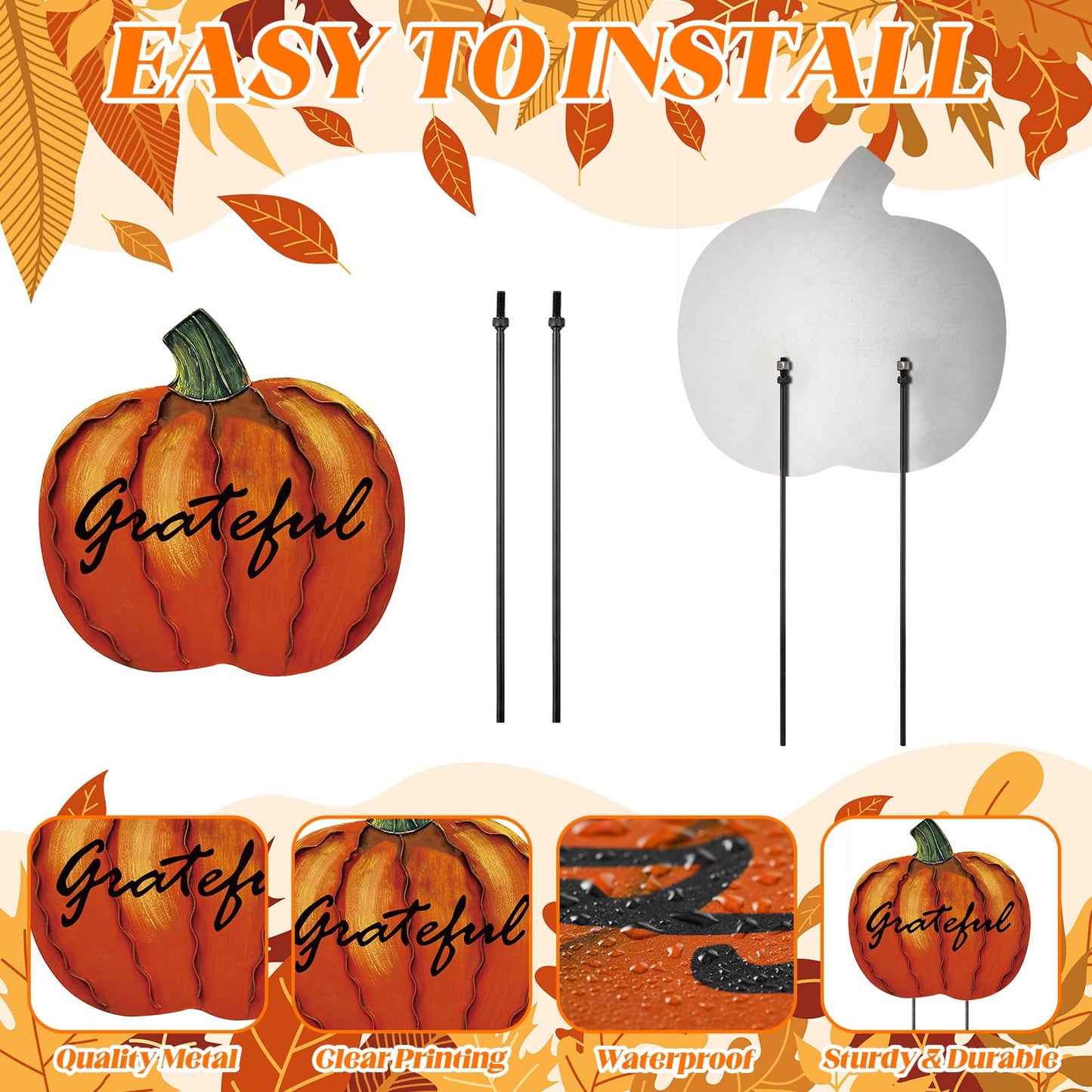MorningRo 3 Pcs Thanksgiving Fall Yard Signs Outdoor Metal Pumpkin Decorative Garden Stakes, 28''+26''+24'' H Waterproof Pumpkin Yard Decoration for Outside Porch Patio Lawn Autumn Harvest Halloween