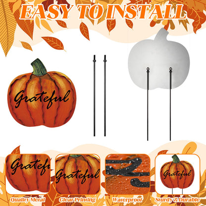 MorningRo 3 Pcs Thanksgiving Fall Yard Signs Outdoor Metal Pumpkin Decorative Garden Stakes, 28''+26''+24'' H Waterproof Pumpkin Yard Decoration for Outside Porch Patio Lawn Autumn Harvest Halloween