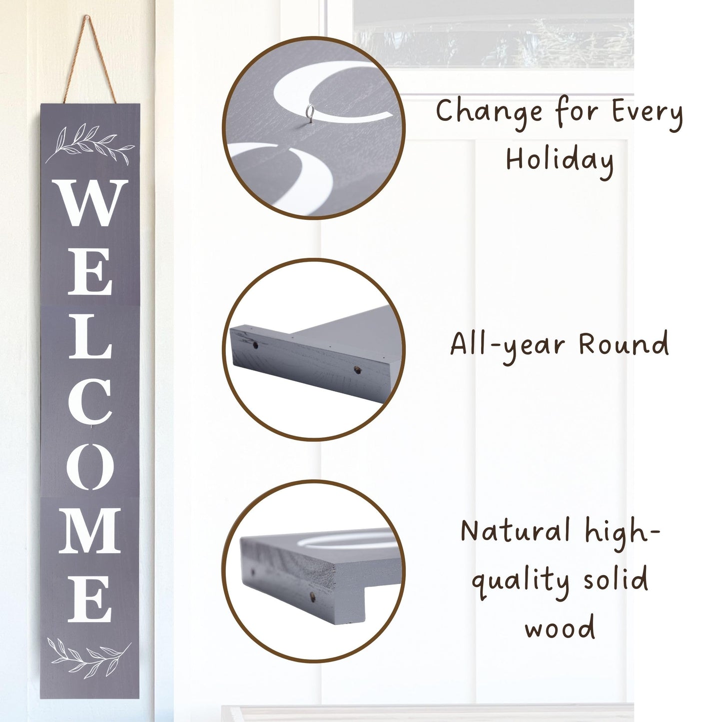 Perfnique Interchangeable Welcome sign for front porch standing, 47 x 7.9 Inch Black Wooden Leaner Sign with 10 Interchangeable Designed Icons, Morden Farmhouse Rustic Seasonal Decor for Spring Easter