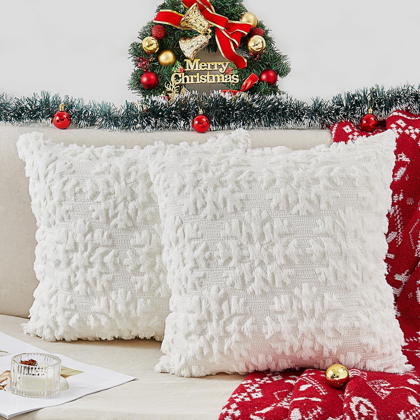 multiwins Christmas Pillow Covers 18" x 18" Set of 2, Soft Plush Faux Rabbit Fur with 3D Embroidery Snowflake Design, Throw Pillow Covers for Sofa, Winter Holiday Christmas Decor,Skin-Friendly