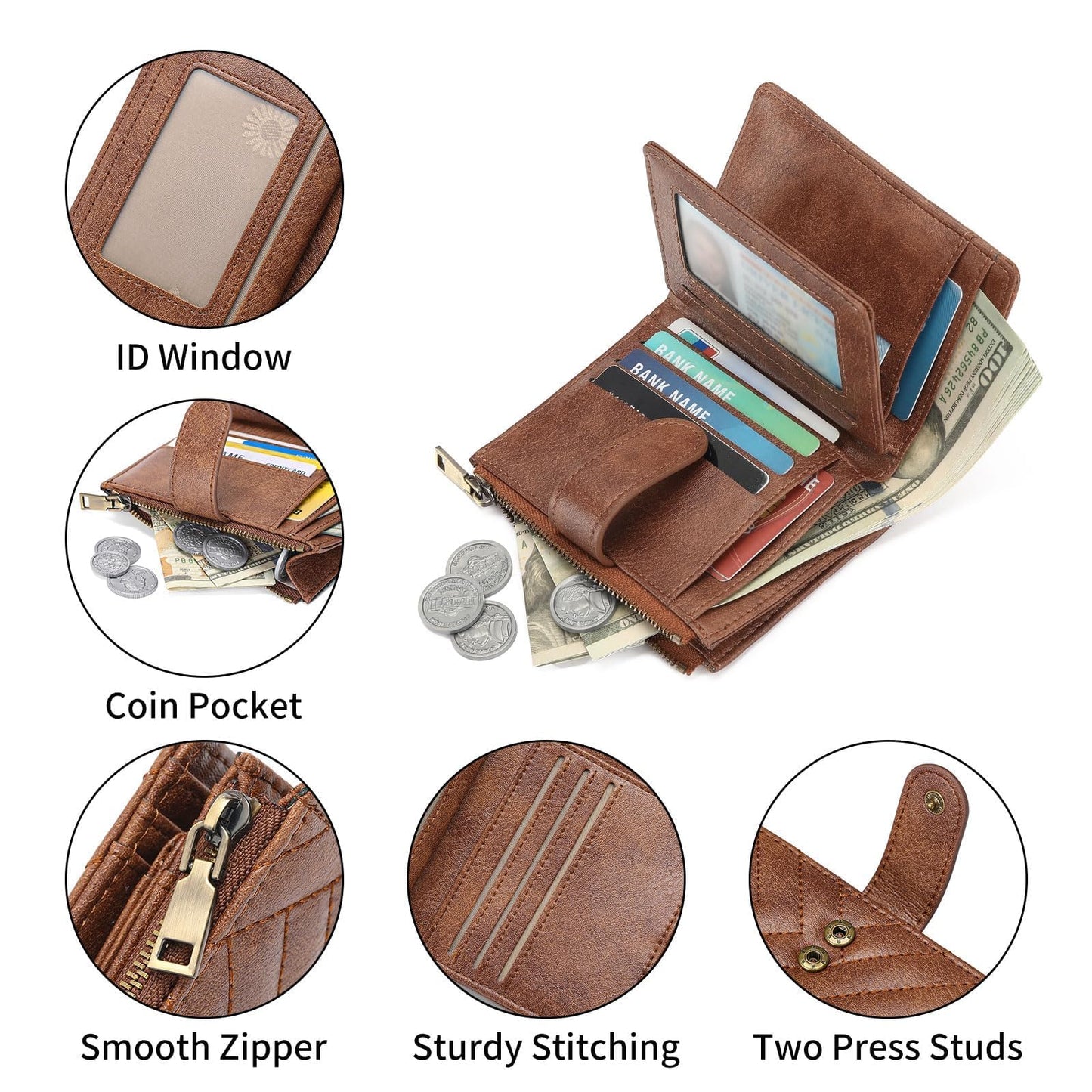 GAEKEAO Small Wallets for Women Vegan Leather RFID Blocking Bifold Zipper Pocket Wallet Card Case Purse with ID Window