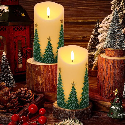 Christmas Tree LED Candles with 6H Timer, flameless Candles with Flickering Flame, Waxy Pillar 2 Pack Flickering Star Decor for Fall Christmas Decor (3 inches x 5.7 inches)