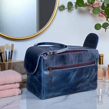 PRASTARA Leather Toiletry Bag for Men, Travel Essentials Shaving Dopp Kit Bathroom Shower Toiletries Organizer, Cosmetic Make up Bag for Women (Navy Blue)