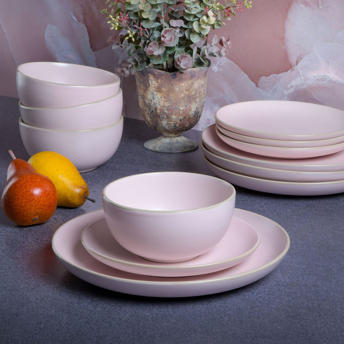 Gibson Home Queenslane 16 Piece Double Bowl Plates and Bowls Dinnerware Sets - Matte Blue