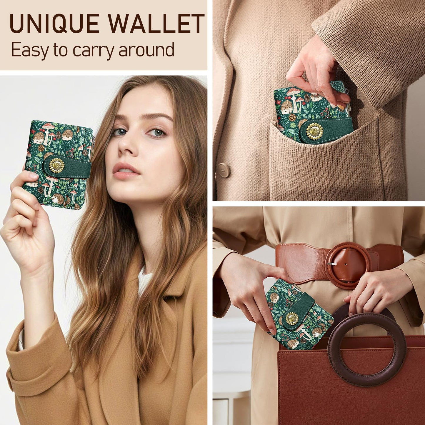 Kelvoris Cute Hedgehog Small Rfid Women Wallet Bifold Zipper Coin Pocket PU Leather Compact Cash Credit Card Holder Travel Wallet for Female Ladies Teen Girls 1 ID Window 10 Card Slots