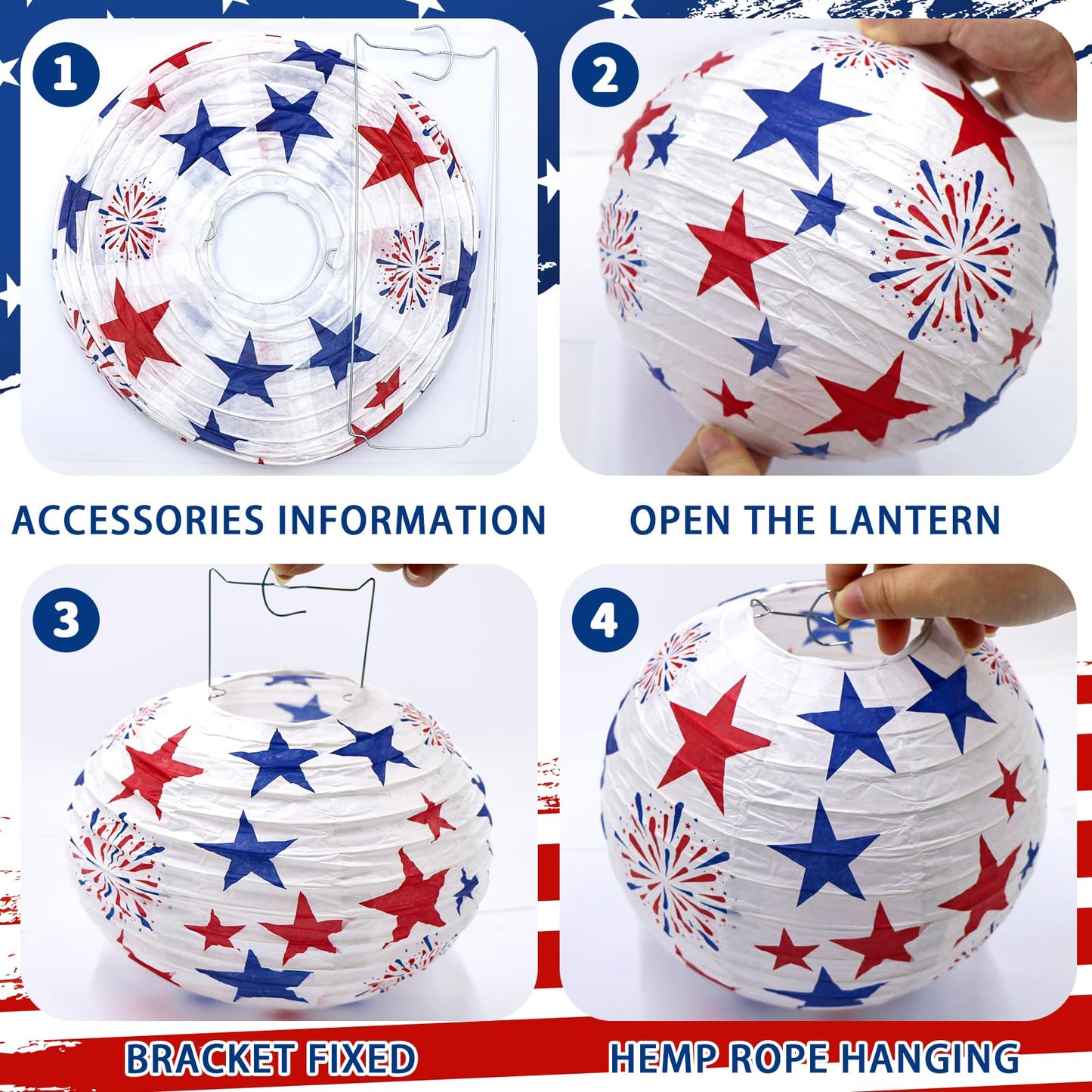 ADLKGG 4th of July Independence Day Paper Lanterns Party Decorations for Patriotic American Stars and Stripes Blue Red Memorial Day Decorations, Citizenship Party Decorations, Labor Day, 12PCS