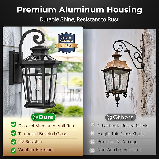 Large 9'' Outdoor Porch Light Wall Mount, Black Outdoor Wall Lantern Dusk to Dawn, Waterproof Exterior Light Fixture with Beveled Glass, Exterior Sconce Light for House, Coach Lights for Garage