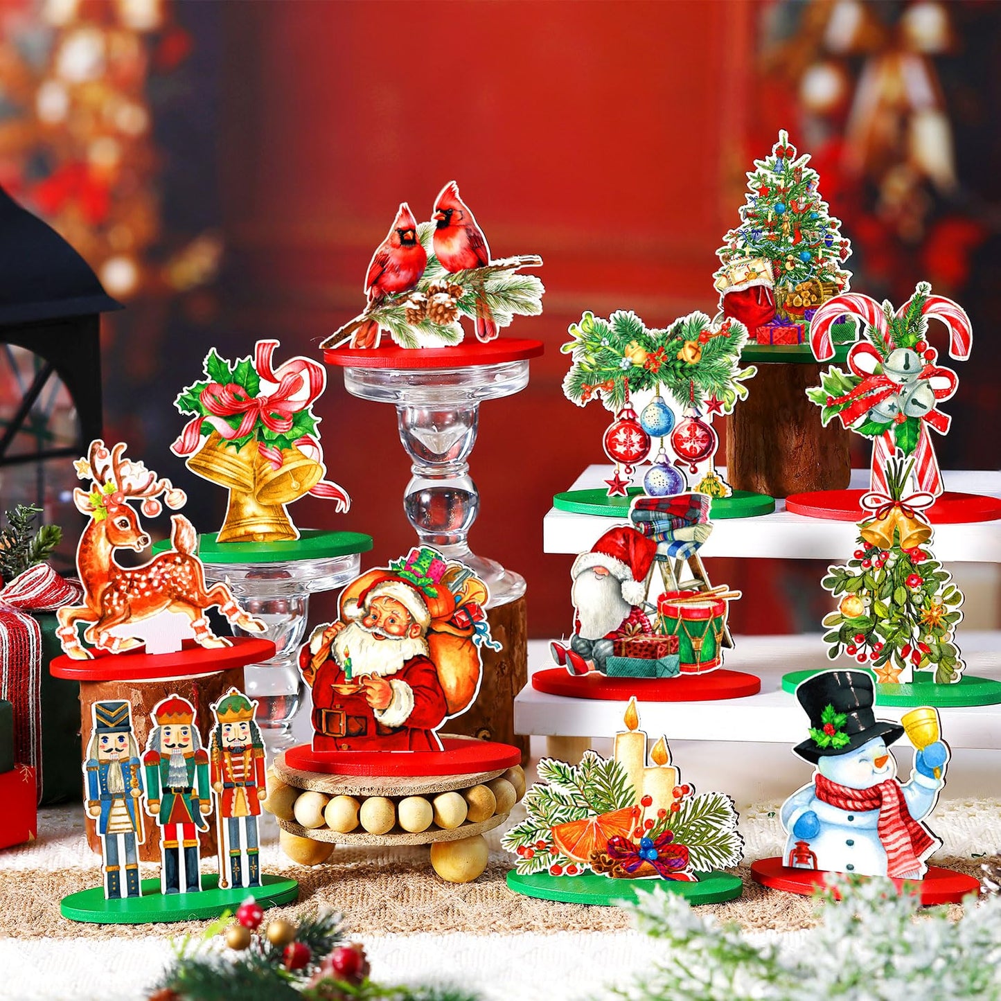 Yousoontic 12 Pcs Christmas Wooden Table Centerpieces Decorations Santa Claus Snowman Pine Tree Elk Nutcracker Wooden Signs Tabletop Centerpieces Home Decor for Xmas Holiday (Wonderful Christmas)