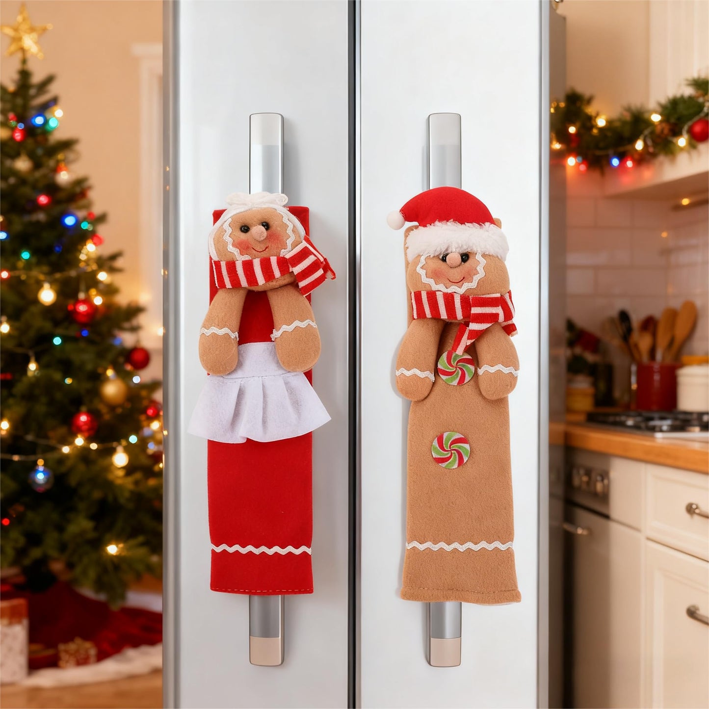 jojofuny 2Pcs Christmas Refrigerator Handle Covers - 11.5" X 6.5" Gingerbread Refrigerator Door Handle Covers, Gingerbread Christmas Kitchen Decor