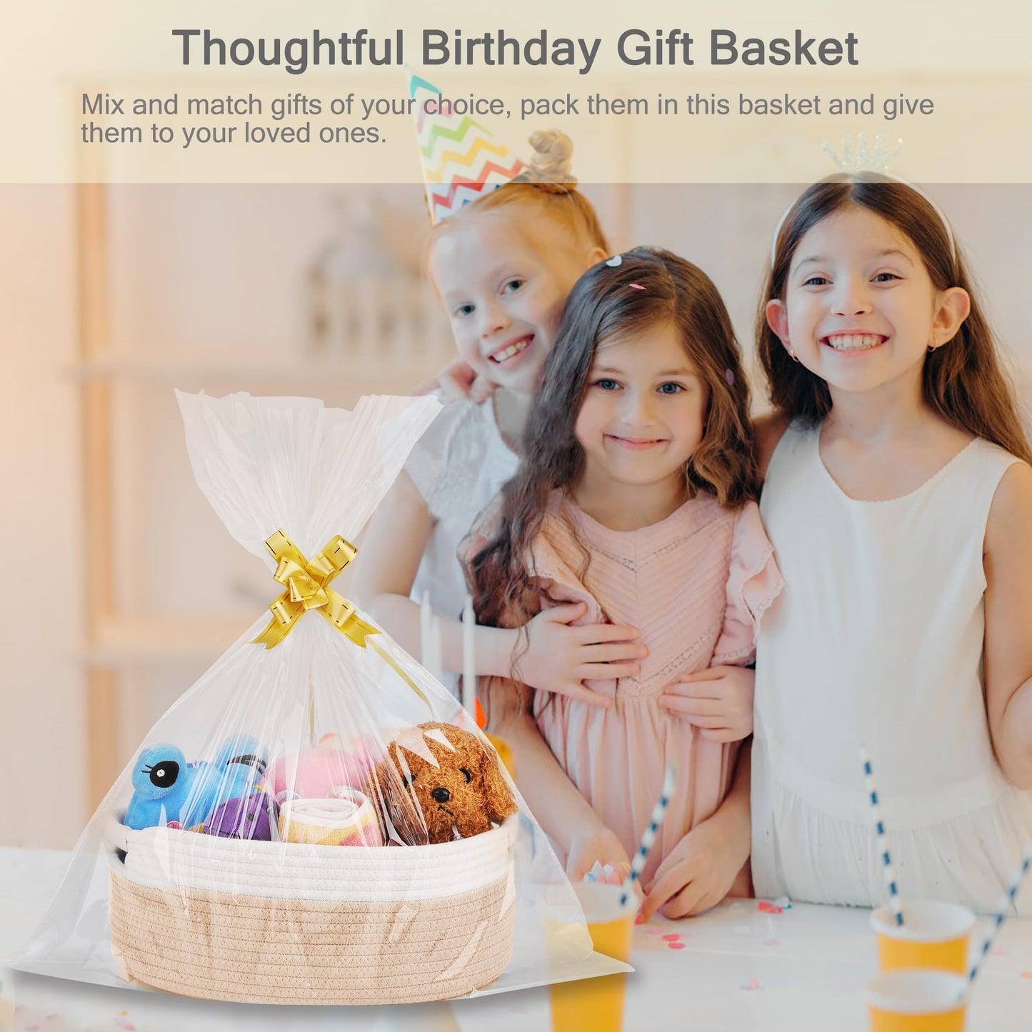 BOSROTY Small Woven Basket with Gift Bags and Ribbons, Empty Baby Gift Baskets for Kids Women Men, Shelf Storage, Small Cat Dog Pet Toy Boxes, 13”x 9”x 5.5”, Beige