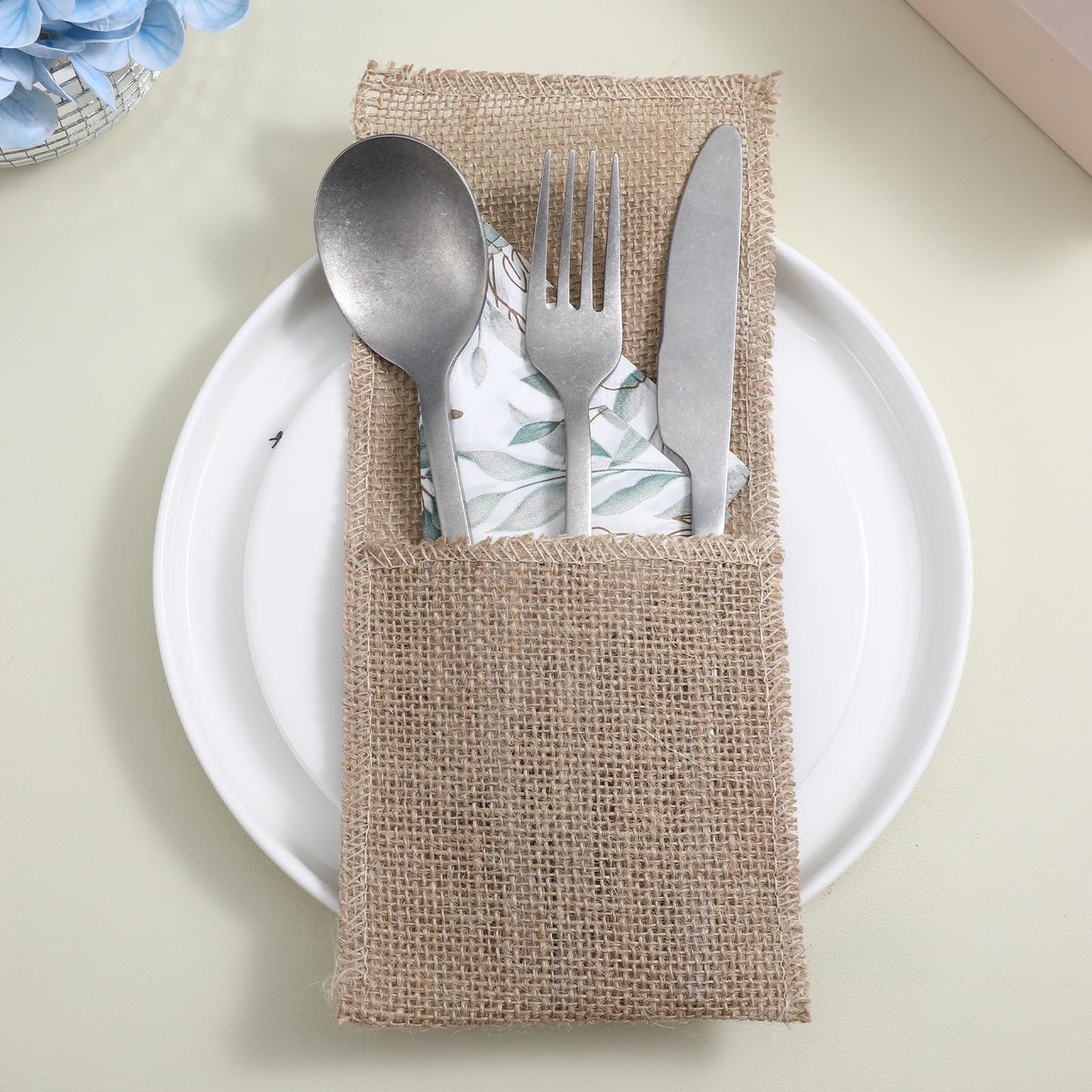 AojSup 50 Pcs Burlap Utensil Holder Pouch Set - 4 x 8.8 Inch Natural Jute Cutlery Pouch for Wedding Party Decor, Reusable Silverware Bags with Deep Pockets for Knives Forks Spoons