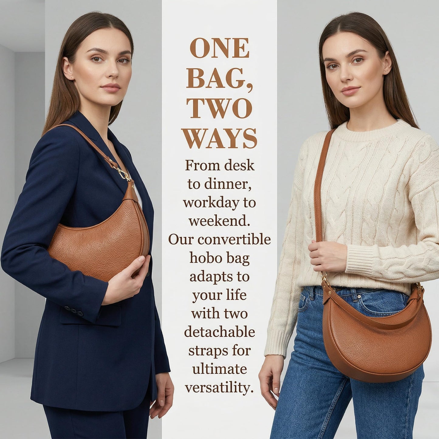 Italian Genuine Leather Crescent Hobo Bag for Women, Small Shoulder Crossbody Purse, Handbag with 2 Straps for Work Travel