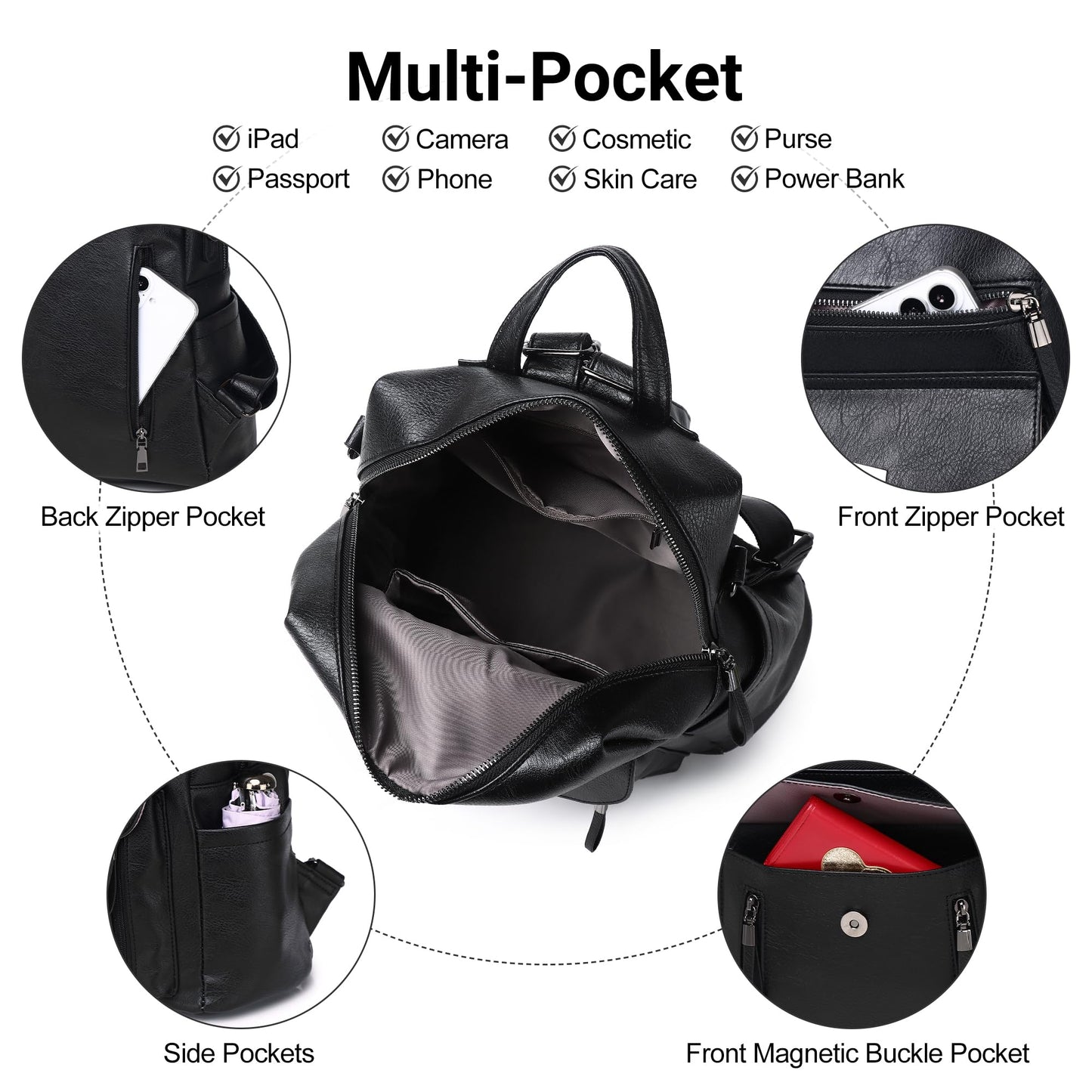 WYFJNX PU Leather Womens Backpack Purse Ladies Backpack Handbag Fashion Shoulder Bag Small Travel Bag Black