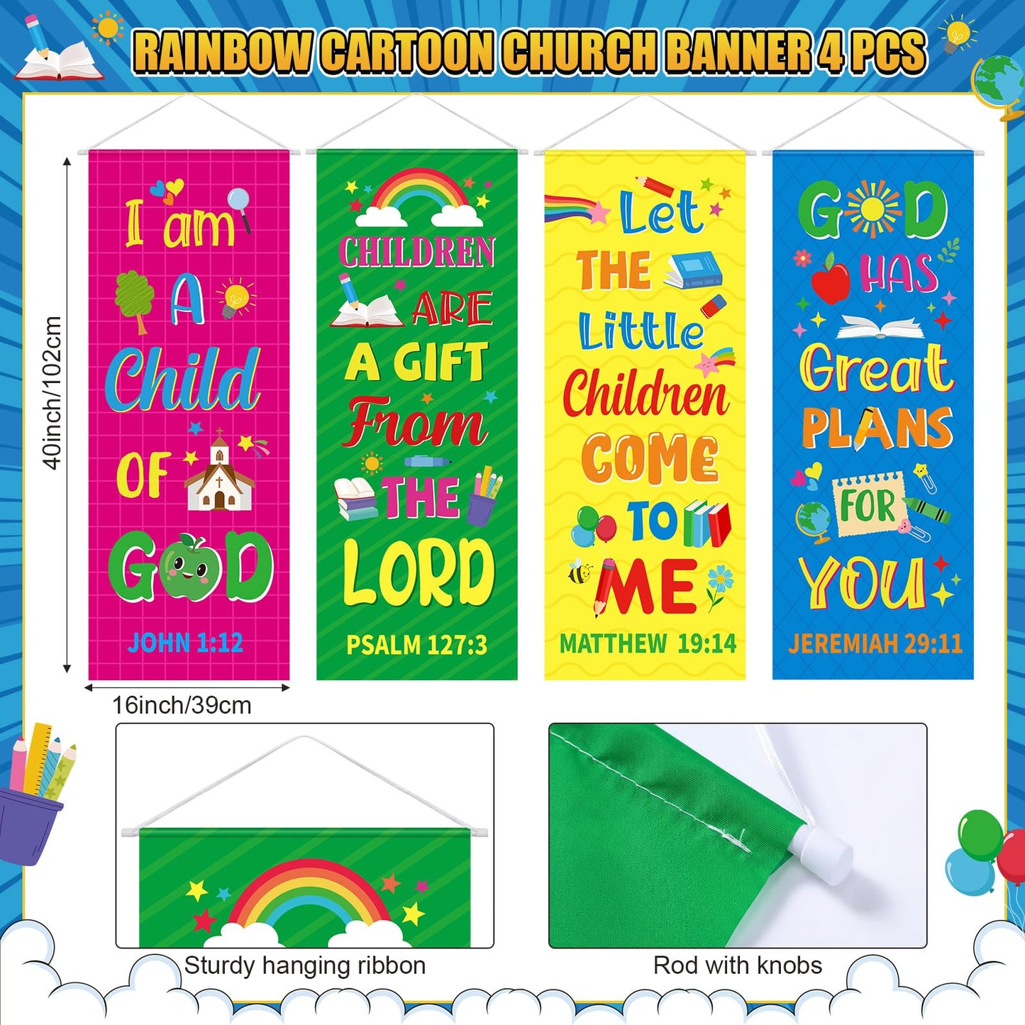 Panelee 4 Pcs Church Banners for Sanctuary Wall Rainbow Cartoon Church Banners with Scripture Inspirational Religious Praise Bible Verses Hanging Backdrop Signs for Sunday School Worship Decoration