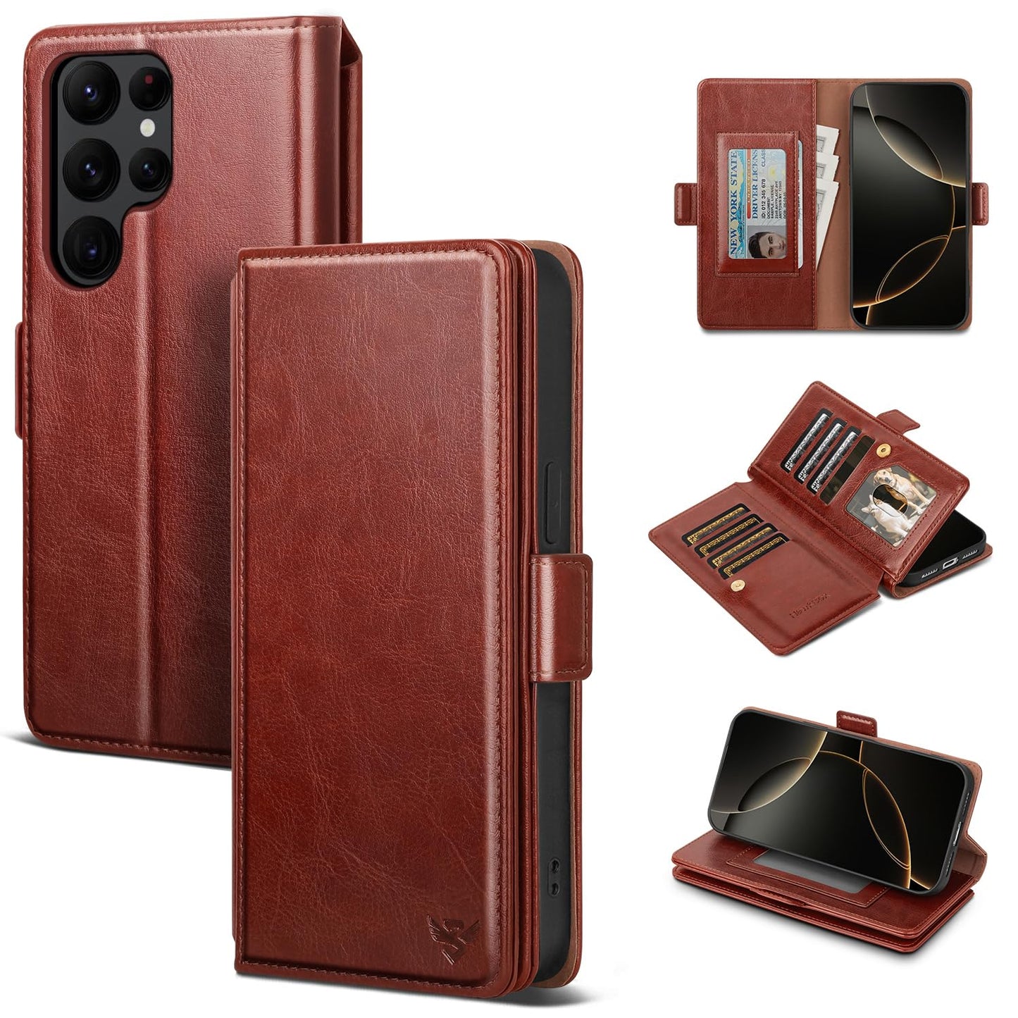 HawkBox Compatible with Samsung Galaxy S23 Ultra Case Wallet with Card Holder Women Men,RFID Blocking PU Leather Phone Case Flip Shockproof Protector Cover Credit Card Slot Kickstand,Brown