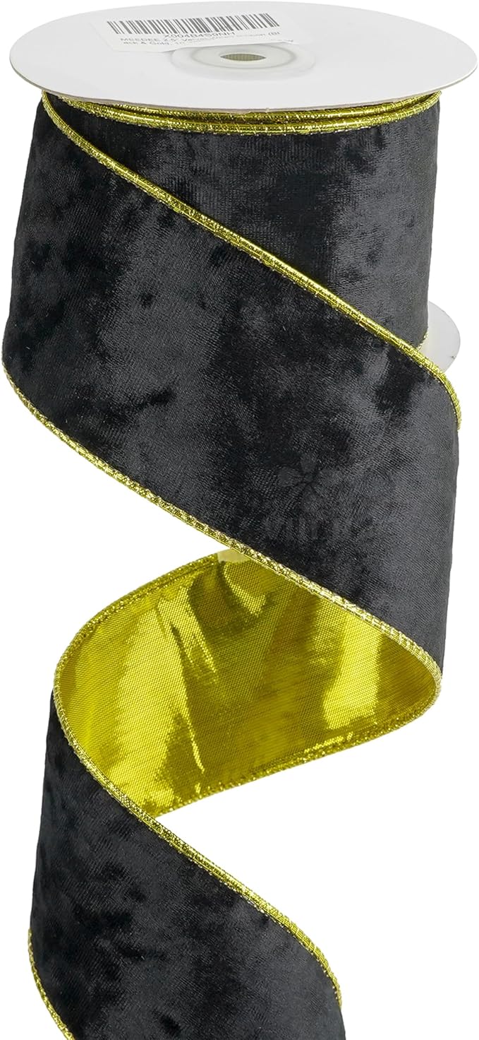 MEEDEE Black and Gold Velvet Ribbon 2.5 inch with 10 Yards Spool Two Tone Velvet Wired Ribbon for Gift Wrapping, Halloween Wreaths, Christmas Tree, Large Bow, Crafts Supply