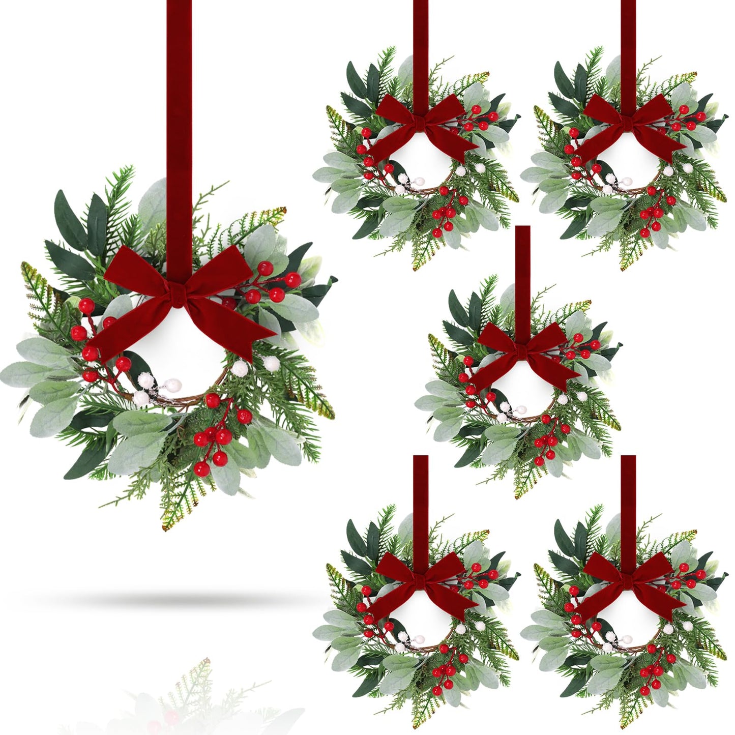 6 Pcs 9'' Mini Christmas Hanging Wreaths Artificial Norfolk Pine Red Berries and Lambs Ear Leaves Small Candle Ring Wreaths for Kitchen Cabinet Farmhouse Front Door Window Xmas (Excluding Ribbons)