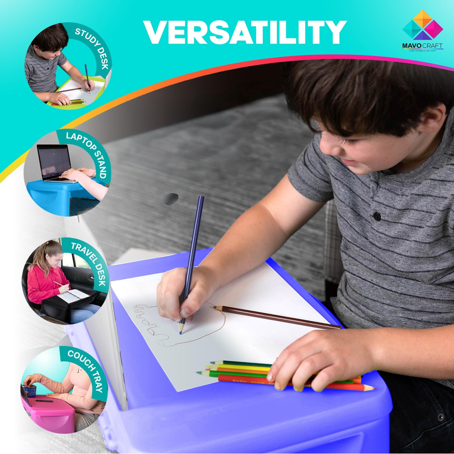 MAVOCRAFT Foldable Kids Lap Tray with Storage - Portable Lap Desk Kids & Adults - Kids Lap Desk for Breakfast in Bed, Serving Tray, Car Desk & Gaming (Purple)