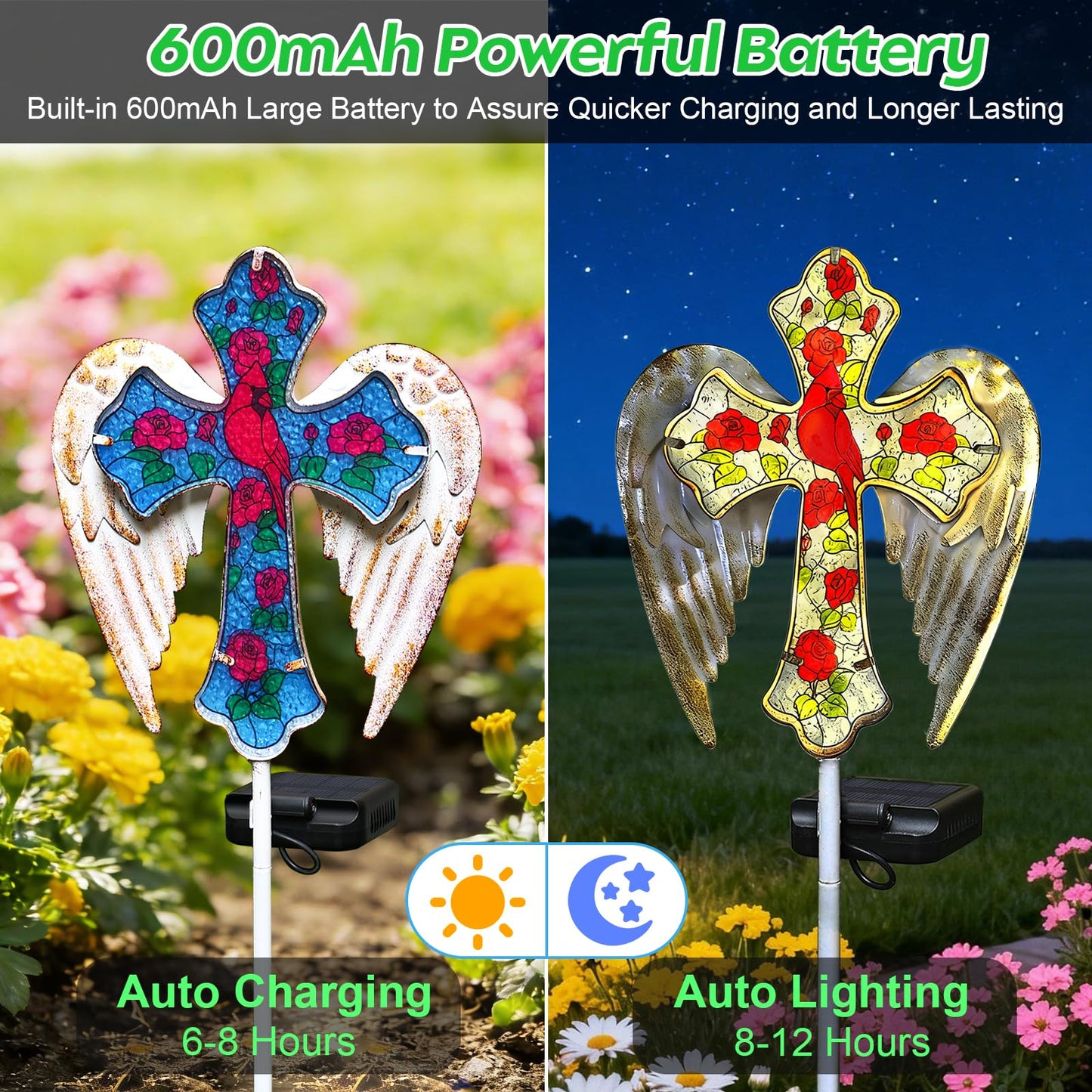 Solar Cross Lights Outdoor, Solar Cardinal Stake Lights Cemetery Decorations for Grave, Jesus Cross Sympathy Memorial Gifts for Women Mom Christmas, Glass Garden Art for Cemetery Yard Patio