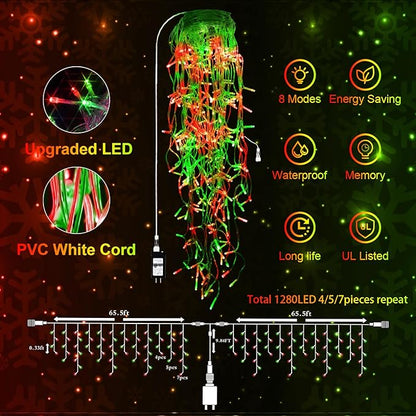 131 FT 1280 LED Christmas Lights Outdoor Decorations Super Long Clear Wire String Lights Plug in 240 Drops 8 Modes Memory Timer Curtain Fairy Lights Waterproof for Holiday Wedding Party-Red and Green
