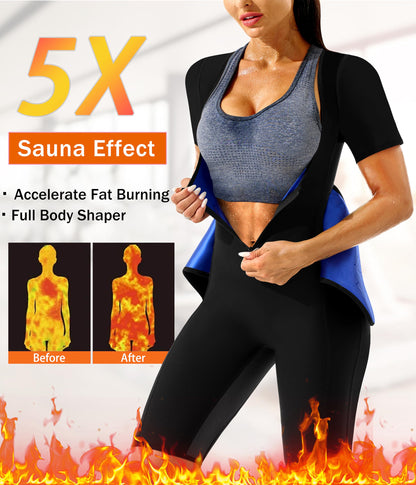 LMCOB Sauna Suit for Women Sweat Suit Waist Trainer for Weight Loss 4 IN 1 Slimming Full Body Shaper Sauna Jumpsuit Workout Vest with Shorts(BH70013-01-M)